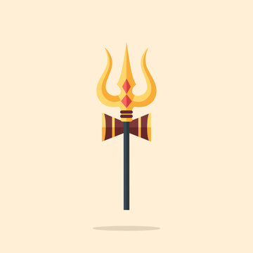 Ancient Hindu trident symbol with golden flames and ornate handle design