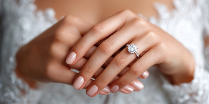 Close-up of a bride's hands adorned with a sparkling diamond engagement ring