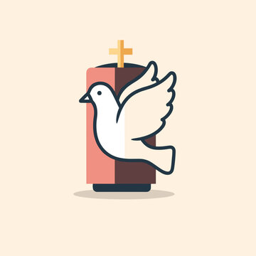 A white dove flies out of a brown and pink book with a gold cross on top, symbolizing spiritual freedom and peace in a vector graphic illustration.