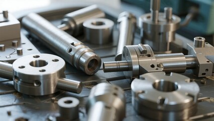 Naklejka premium Close-up of precision-machined metal components on a workbench