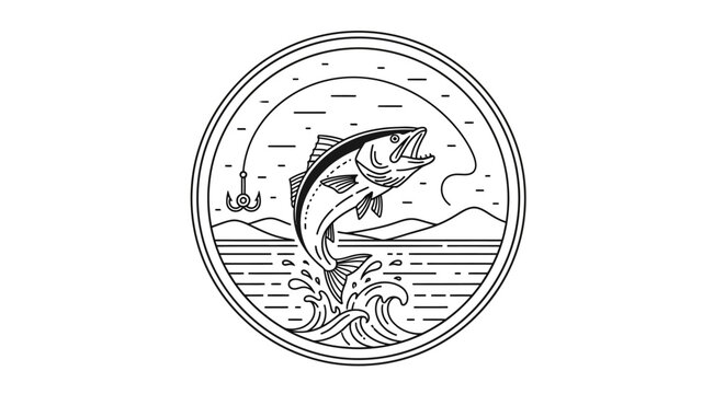 Dynamic Bass Fish Leaping from Water with Fishing Hook Line Art.