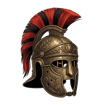 An illustration of a Corinthian-style helmet featuring intricate designs and engravings, including laurel leaves and a lion motif.