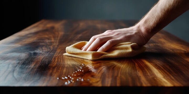 Close-up of a hand polishing a rich, dark wood table with a soft cloth