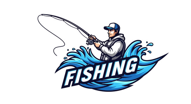 Dynamic Fishing Logo with Angler and Crashing Waves.