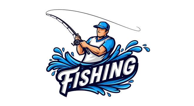 Dynamic Fishing Logo with Angler and Splashing Water Design.
