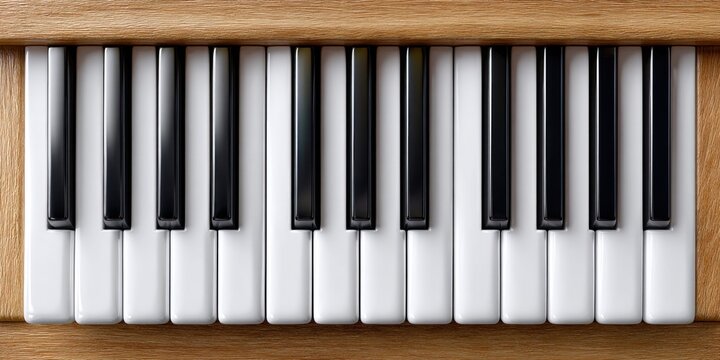 Close-up view of a wooden piano keyboard with black and white keys