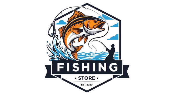 Fishing Store Logo with Jumping Fish and Angler Silhouette.
