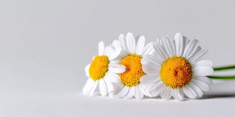Obraz premium Three delicate white daisies with bright yellow centers arranged on a clean white surface