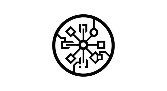 Abstract digital circuit board in circle, technology and data flow icon