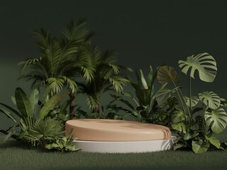 Fototapeta premium a white and brown bowl sitting on a table surrounded by green plants