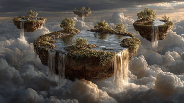 Floating islands with lush trees and cascading waterfalls drift above a sea of clouds in a surreal fantasy landscape at sunset.