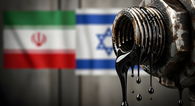 Crude Oil Dripping from Pipe with Iran and Israel Flags Blurred Background