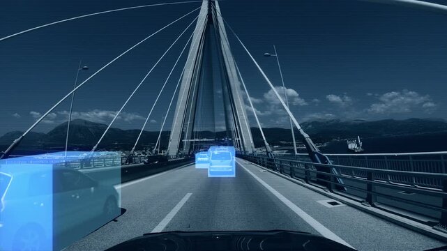 Futuristic autonomous car controlled by artificial intelligence, moving across a bridge with an augmented reality display and an infographic. Self driving vehicle, scans environment and road traffic. 