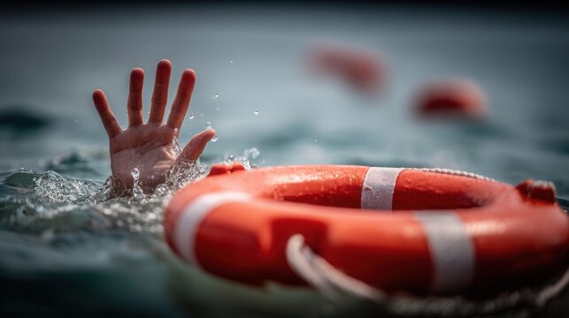 Person drowning in water reaching for a life preserver ring, desperate plea for help