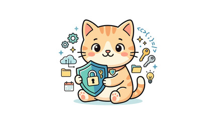 Fototapeta premium Cute Cartoon Cat with Security Shield and Digital Icons