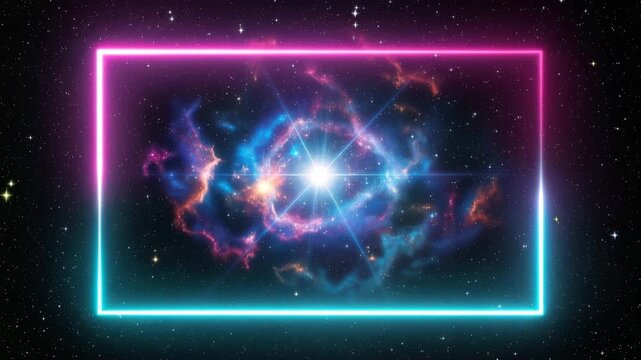 Neon glowing rectangle frame with cosmic galaxy background for futuristic design