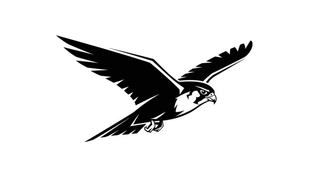 Black and white silhouette of a falcon in flight against a white background