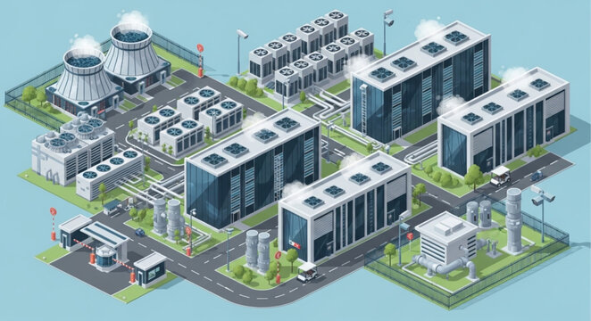 Modern Data Center Server Campus With Cooling Units.