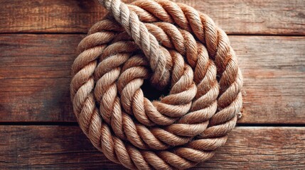 Obraz premium The image presents a close-up view of a coiled rope resting on a textured wooden background, with an appealing spiral.