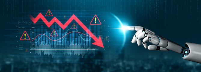 Obraz premium AI visualizes economic caution with smart graphs, alert icons, and data trend analysis, helping businesses respond to financial instability and risk. Artificial intelligence spline