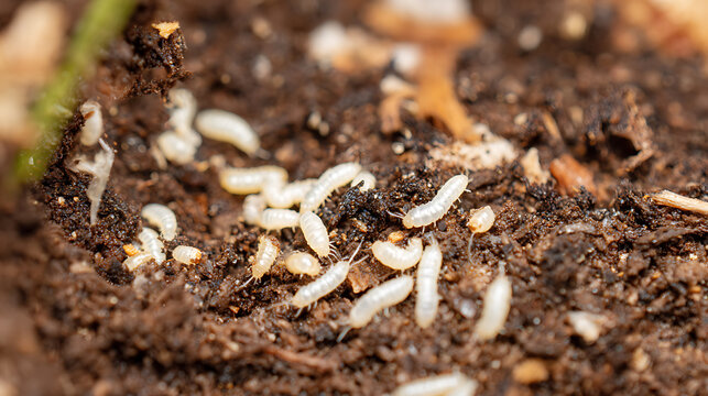 Close-up macro view of many light-colored insects, possibly springtails or larvae, on dark brown soil, with natural textures and shallow depth of field