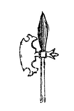 Halberd, black-and-white sketch of a polearm with spear tip and decorative axe head, intricate blade patterns and detailed craftsmanship, old vintage illustration, 1897.