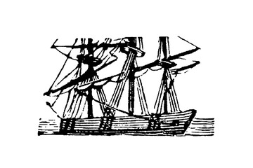 Ship rigging, detailed black and white sketch of an old three-masted sailing ship with intricate rigging, calm sea background, old vintage illustration, 1897. © Timofeeff
