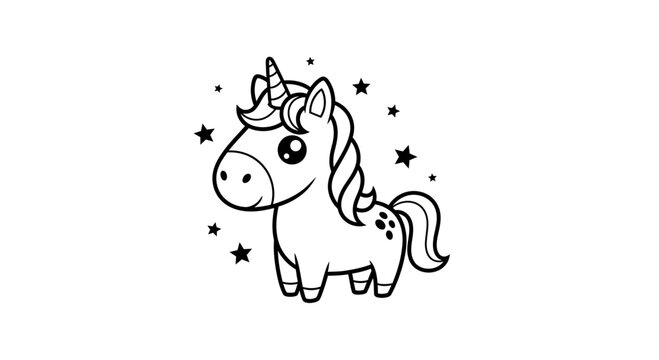 Cute cartoon unicorn character with stars, outline drawing, simple vector illustration