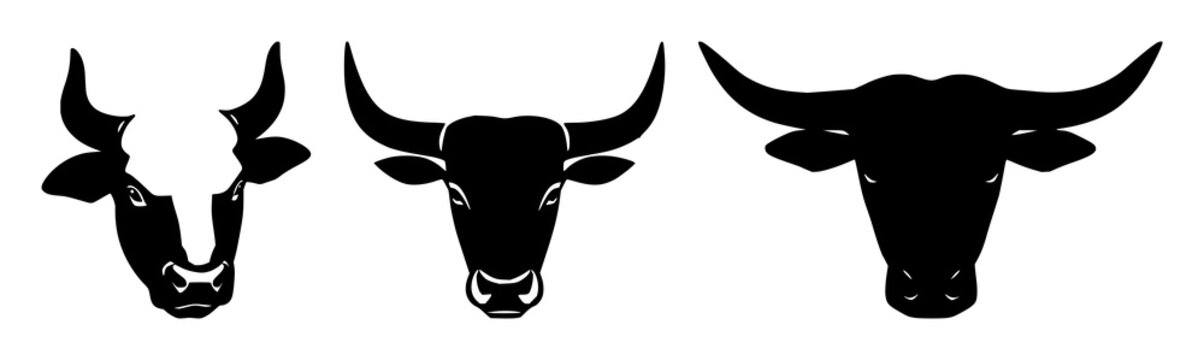 Bull head icon set with solid black illustration on white background featuring finance, stock market, bullish symbol with minimal and vector design