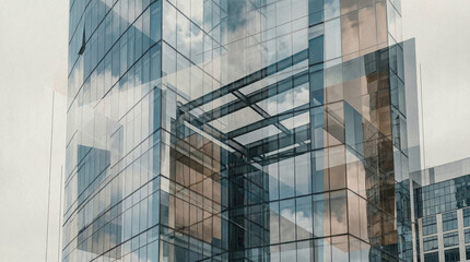 Obraz premium Abstract architectural reflections of glass buildings and sky.