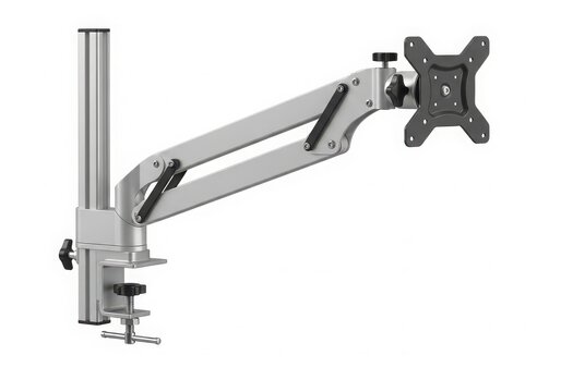 A silver monitor arm with a gas spring and vesa mount