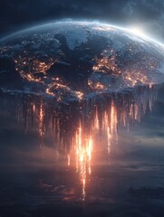 Fototapeta premium Futuristic Earth at night with glowing city lights and fiery streams falling into space, creating a dramatic sci-fi cosmic landscape.