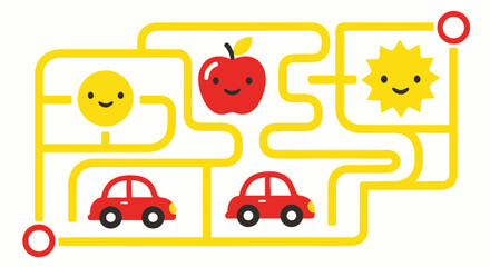 Fototapeta premium Children's Maze Game: Find the Path from Start to Finish with Cars, Sun, and Apple