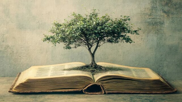 Tree growing from open book, symbolizing knowledge and nature intertwined