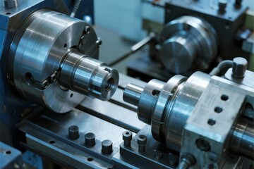 Naklejka premium Close-up of a metalworking lathe machine in operation, shaping a cylindrical metal component with precision tools.