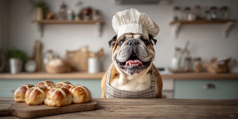 Obraz premium English bulldog wearing chef hat and apron smiles happily next to freshly baked hot cross buns
