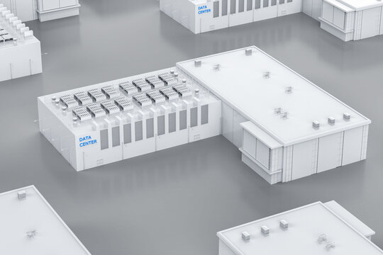 Data center building exterior isometric at industrial estate park
