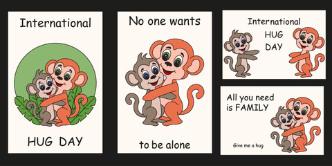 World Hug Day. Vector adorable Punch monkey hugs with mother and bold message. Perfect World Hug Day and Mother's Day card poster cover print. EPS © Svetlana