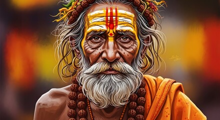 Obraz premium Vibrant Digital Painting of an Expressive Elderly Indian Sadhu Holy Man with Deep Wrinkles Colorful Turban and Traditional Beard Spiritual Hindu Ascetic Character Portrait Artwork