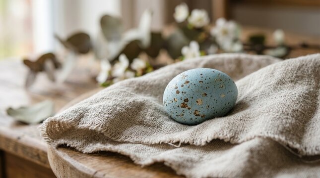 Single speckled blue Easter egg on a linen napkin