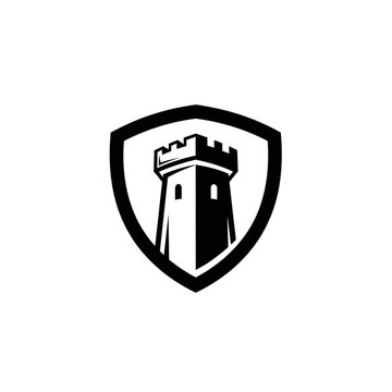 Monochrome shield emblem featuring a stylized tower silhouette, conveying security and strength.
