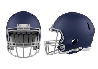 Fototapeta premium A couple of navy blue football helmets with metal face guards