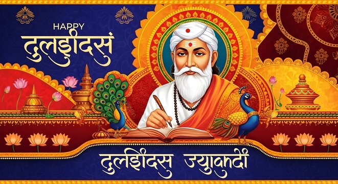 Artistic Digital Painting for Happy Tulsidas Jayanti Celebration Featuring Goswami Saint Writing Ramcharitmanas with Vibrant Colors and Spiritual Devotion on Ornate Background Card Design