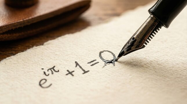 Fountain pen writing Euler identity on textured paper. The scene evokes intellectual discovery and classical study. Suitable for educational materials and scientific articles.
