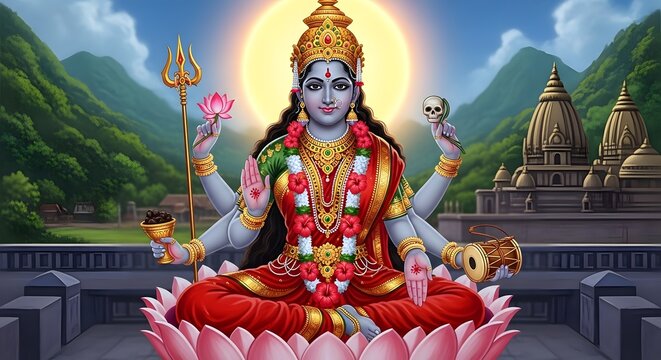 Divine Illustration of Hindu Goddess Kamakhya Sacred Mother Deity Representing Tantric Shakti Power and Spiritual Fertility in Traditional Indian Mythology Artistic Devotional Religious Artwork