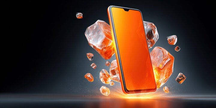Vibrant orange smartphone levitating amidst glowing amber ice cubes and particles