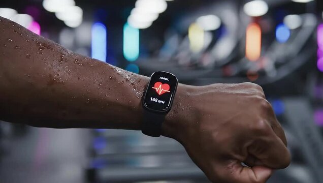 Smartwatch Tracking Heart Rate on Sweaty Athlete Arm in Gym Setting