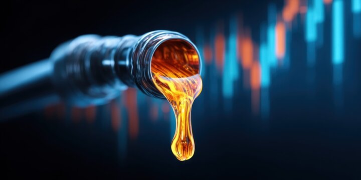 Golden oil dripping from a spout against a backdrop of financial stock market charts