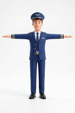 Male pilot 3d cartoon character standing t-pose