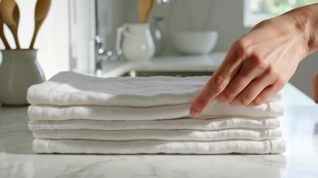 Folded towels on marble kitchen surface highlight towel as axis, repeated as towel stack, towel linen, and towel care for home organization, cleanliness promotion, and hygiene content in business